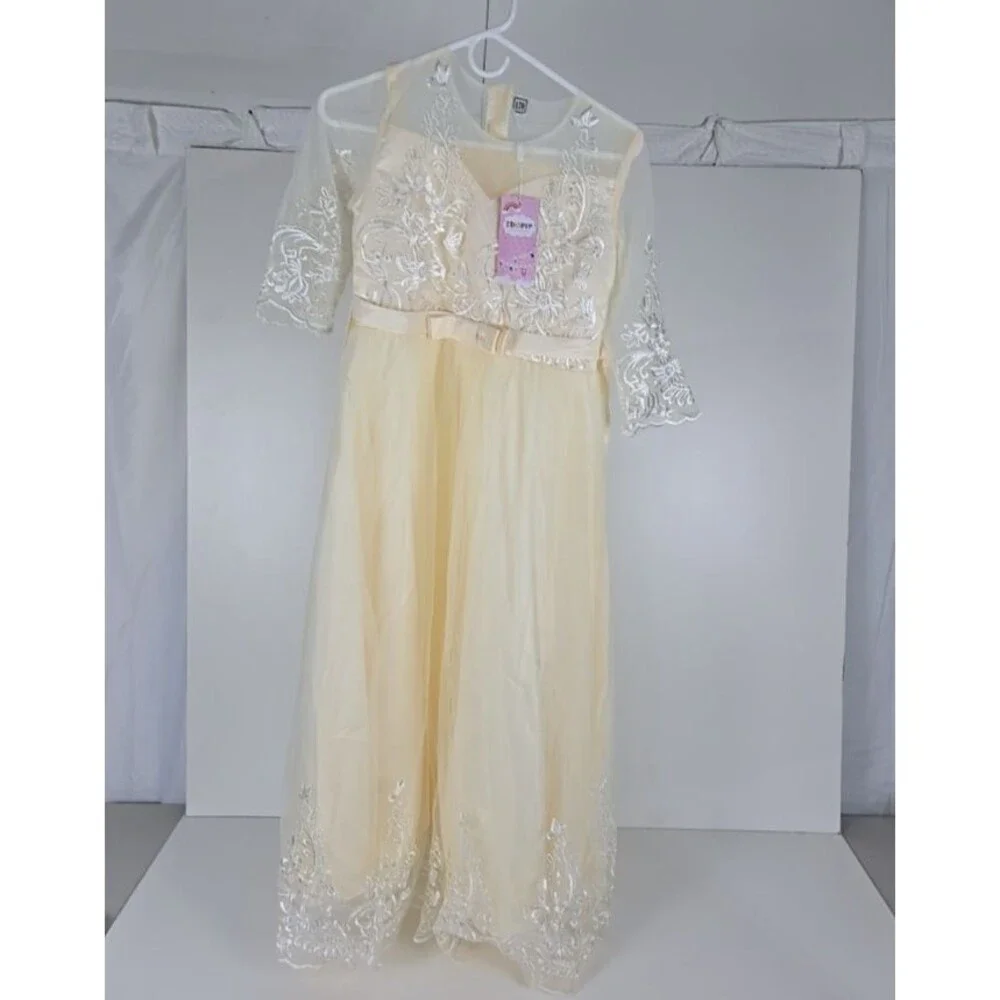 Ivory Floral Embroidered Formal Dress Girls 16/18 Junior S 3/4 Sleeve 45